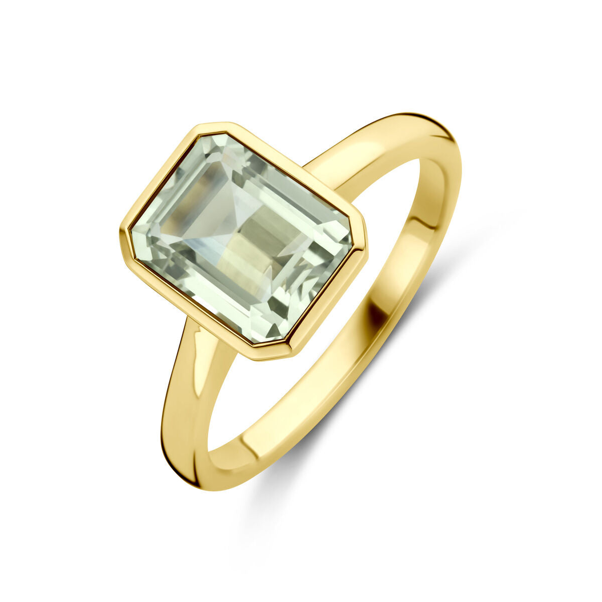 anello in oro giallo 14K con ametista verde a forma rettangolare