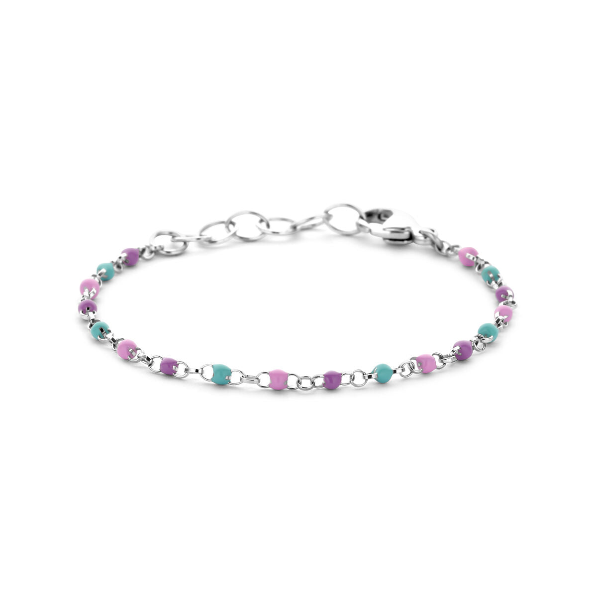 Bracciale in argento rodiato con pallini colorati in smalto, lunghezza 11 + 2 cm.