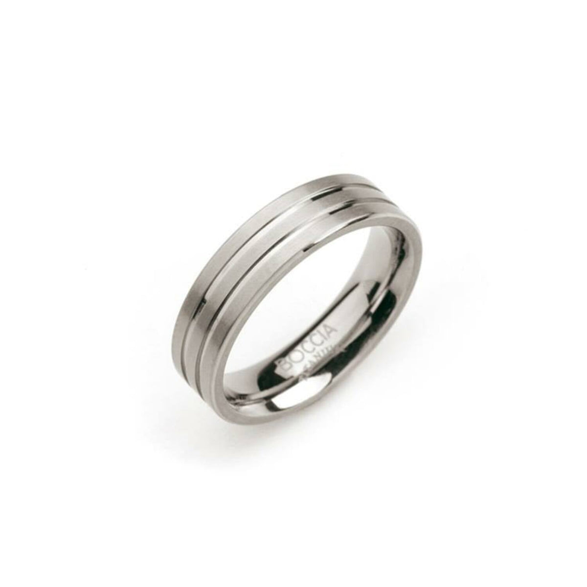 Anello in titanio con finitura lucida e due linee orizzontali incise.