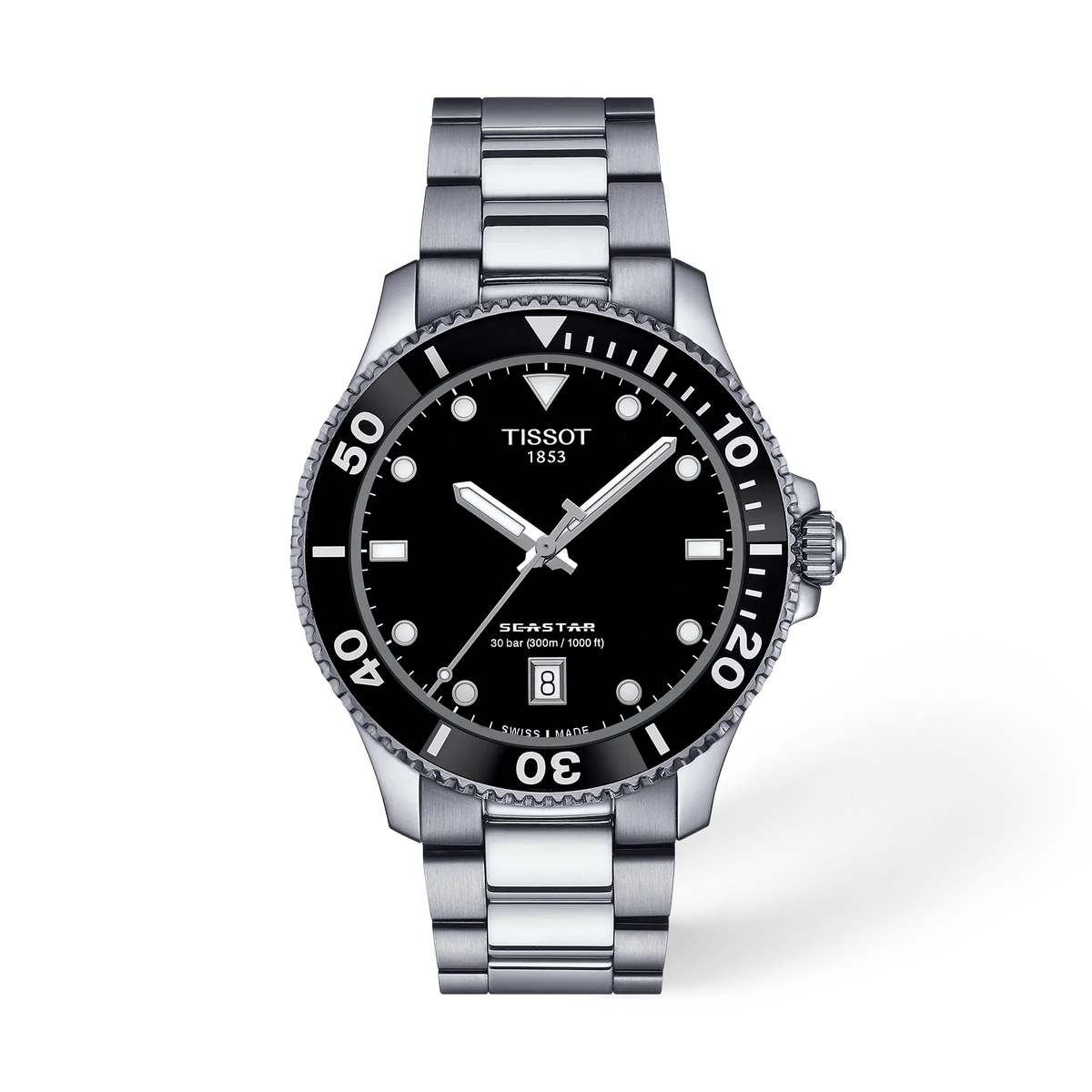 Orologio Tissot Seastar 1000 con cassa in acciaio inox, quadrante nero e bracciale a maglia rolò.