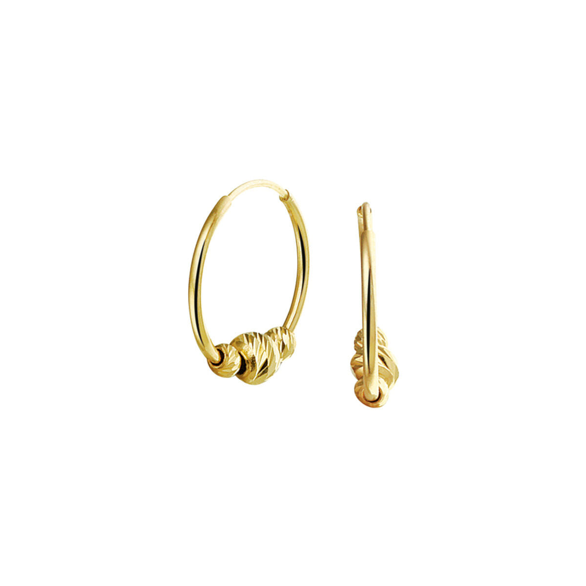 Orecchini alla creola in oro giallo 14K con dettagli a pallini.