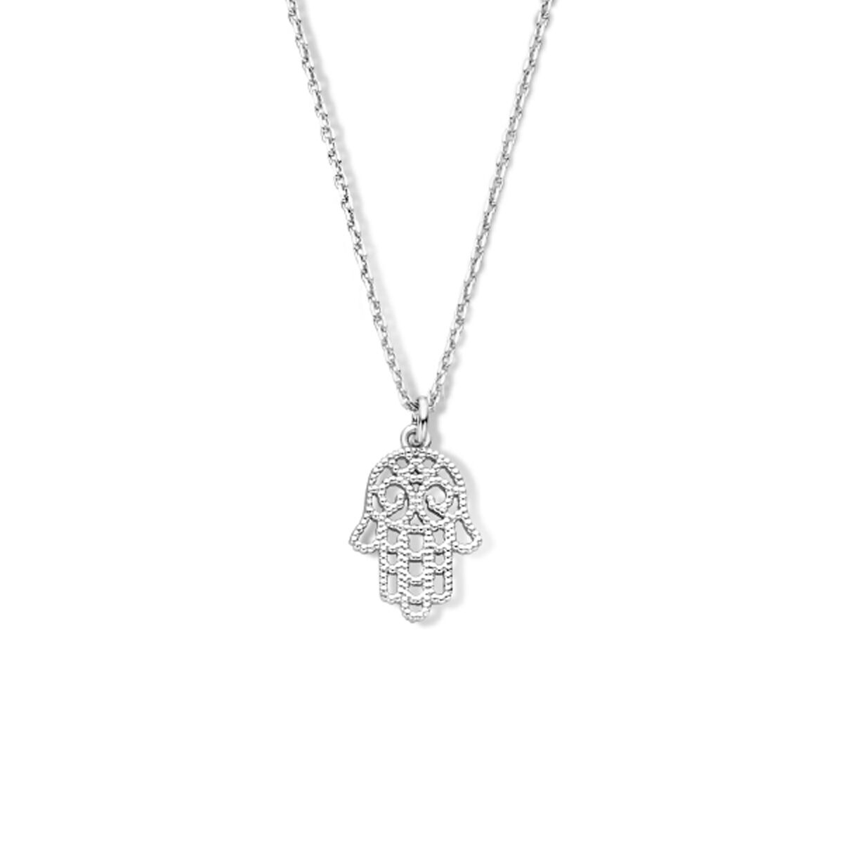 Zilveren gerhodineerd collier met een handje van Fatima hanger, versierd met steentjes.