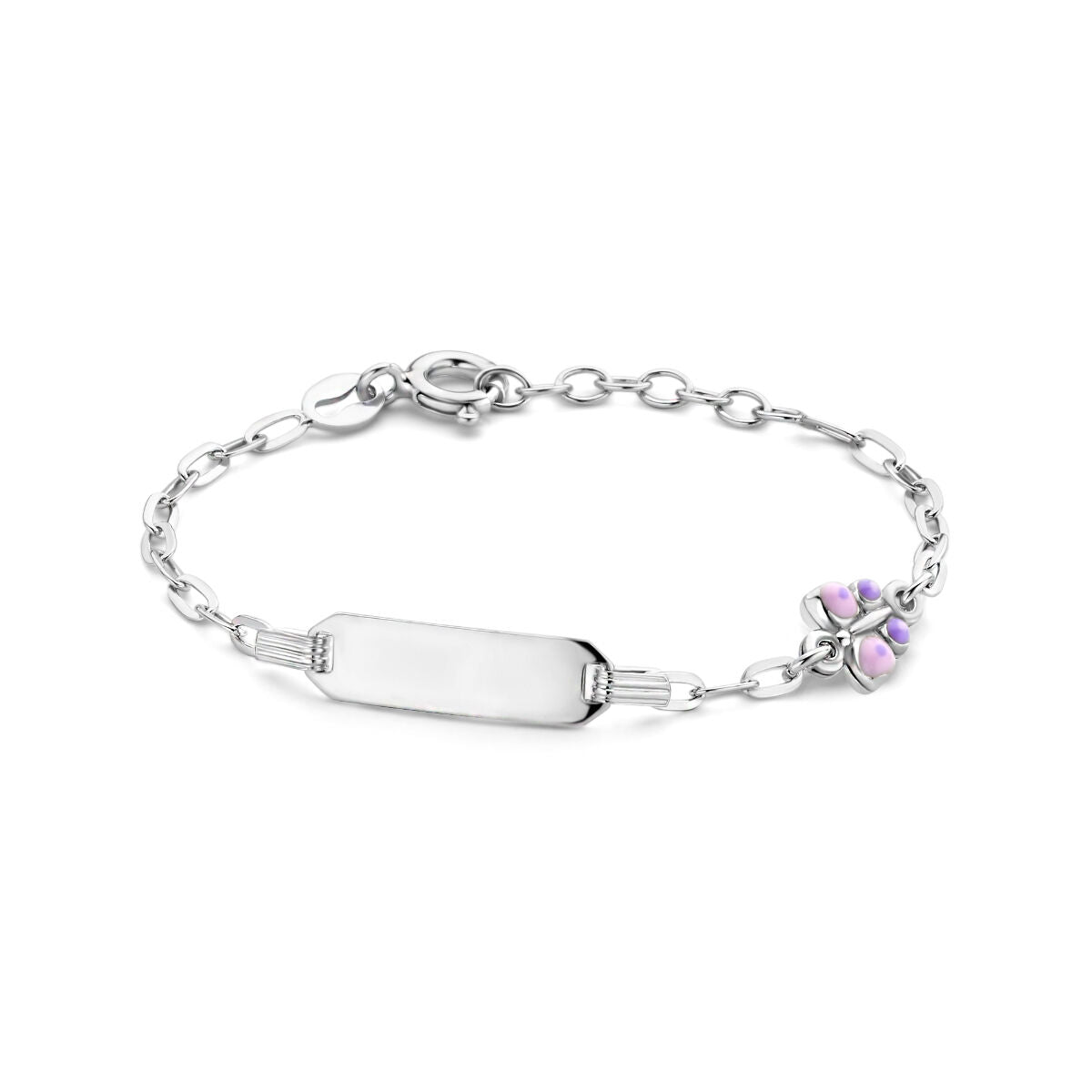 Bracciale in argento rodiato con placca per incisione e charm a forma di farfalla.