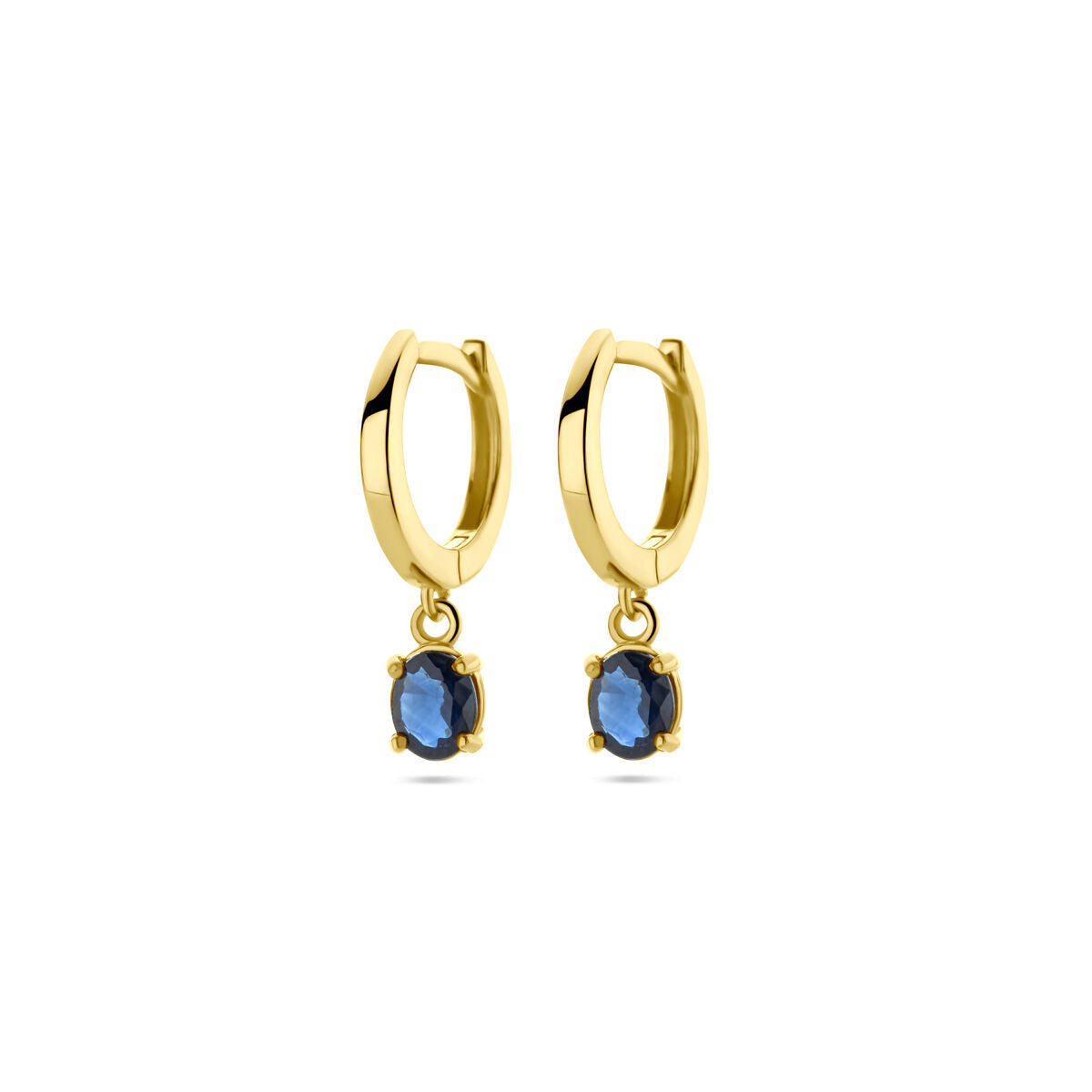 Orecchini alla creola in oro giallo 14K con pendente di zaffiro blu.