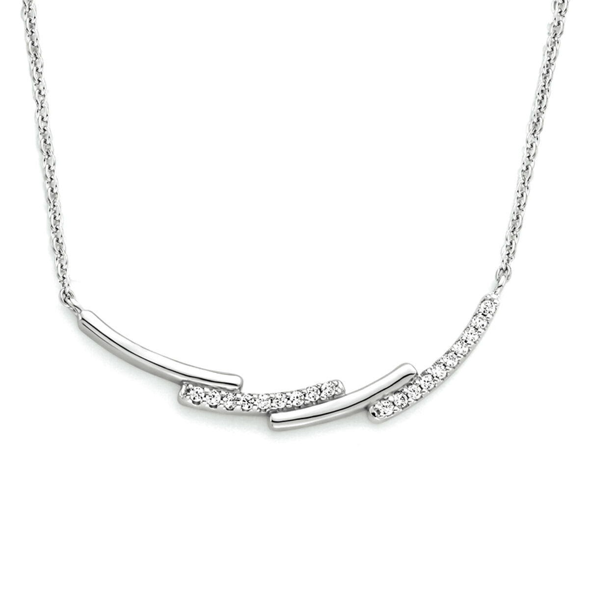 Collana in argento rodiato con zircone, composta da barre e dettagli scintillanti.