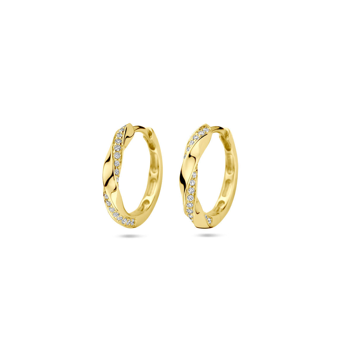Orecchini alla creola in oro giallo 14K con diamanti da 0,20 ct (2x 0,10 ct), diametro 15 mm.