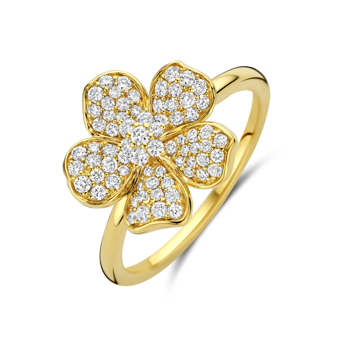 Anello in oro giallo 14k con motivo a fiore decorato da diamanti.