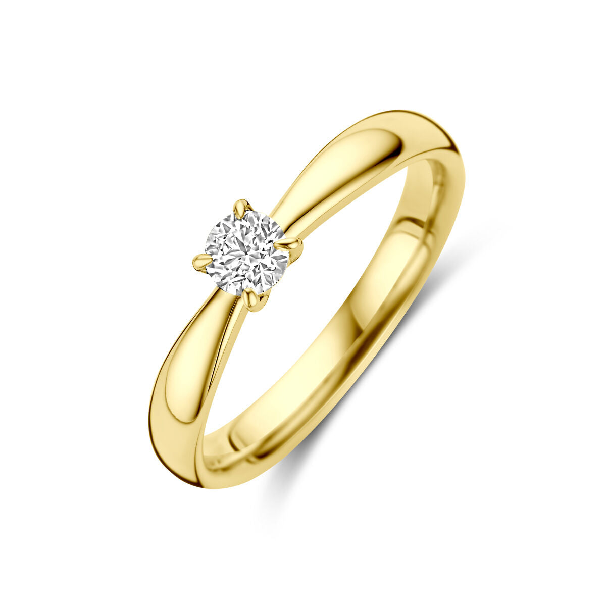 Anello in oro giallo 14K con diamante centrale da 0,25 ct, design a forma di curva.