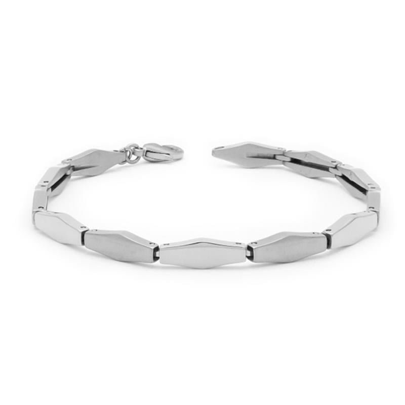 Bracciale in titanio lucido con maglie rettangolari e chiusura a moschettone.