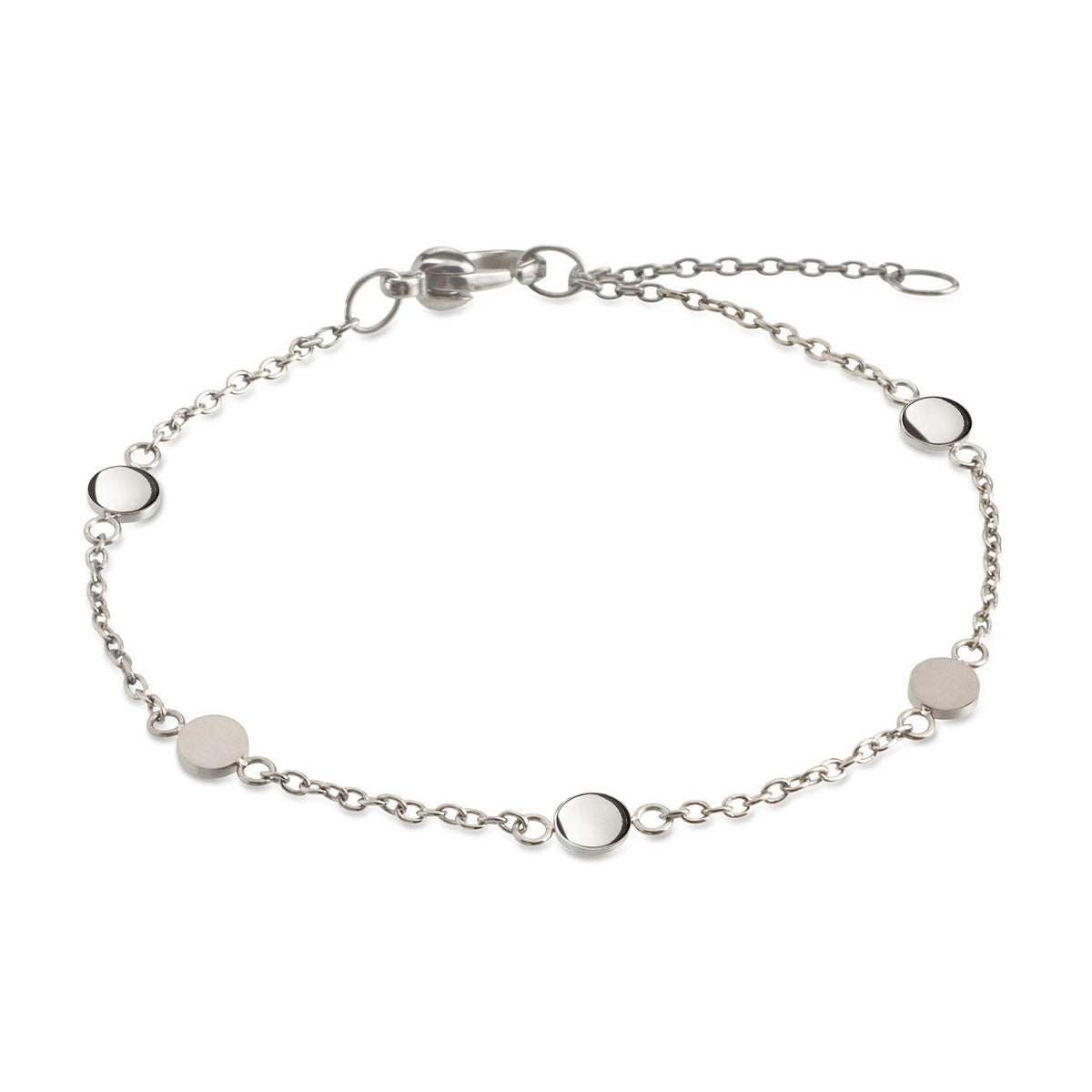 Bracciale in titanio con dischi lucidi alternati, finitura argentata e chiusura regolabile.