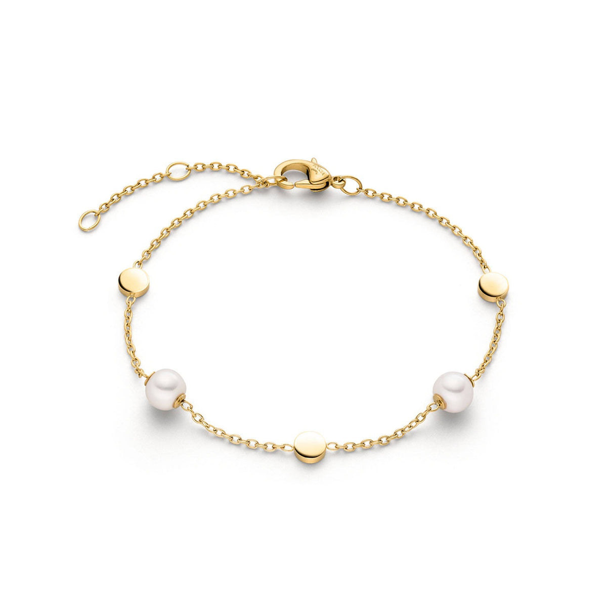 Bracciale in titanio con perle e dettagli dorati, lunghezza 22 cm.