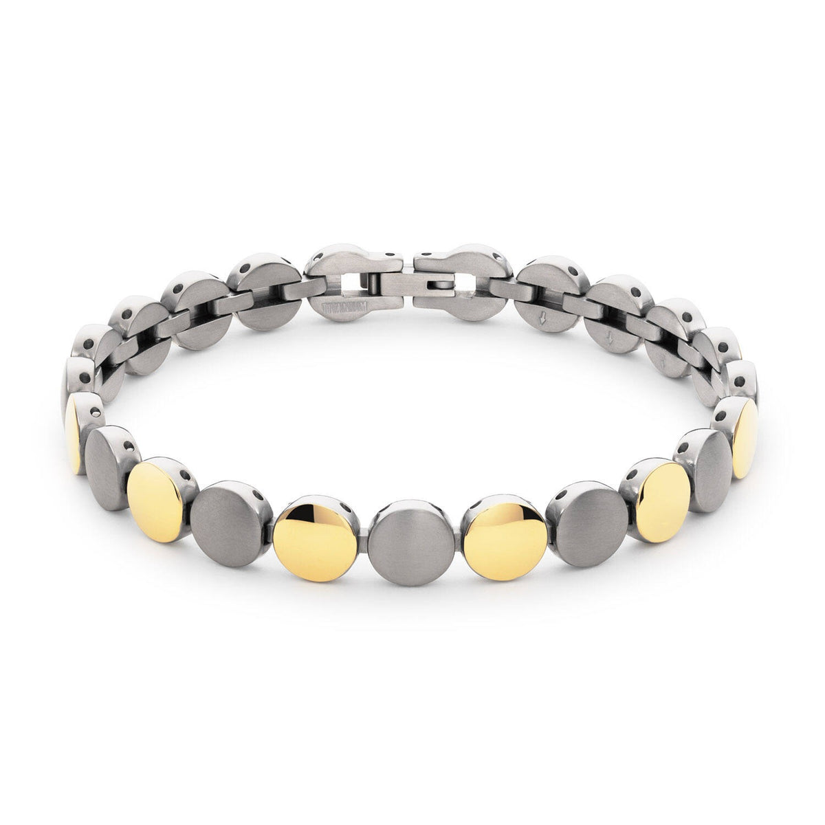 Bracciale in titanio con elementi rotondi argentati e dorati, lunghezza 21 cm.