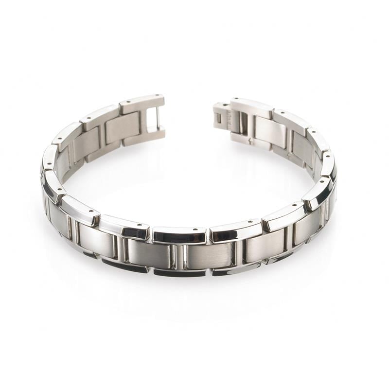 Bracciale in titanio con finitura lucida e design a maglia.