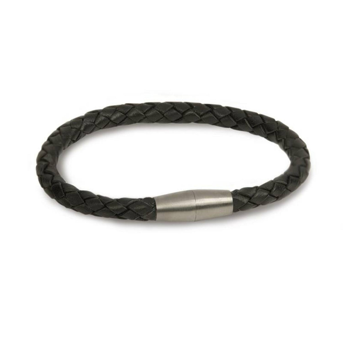 Bracciale in pelle intrecciata nera con chiusura in titanio.