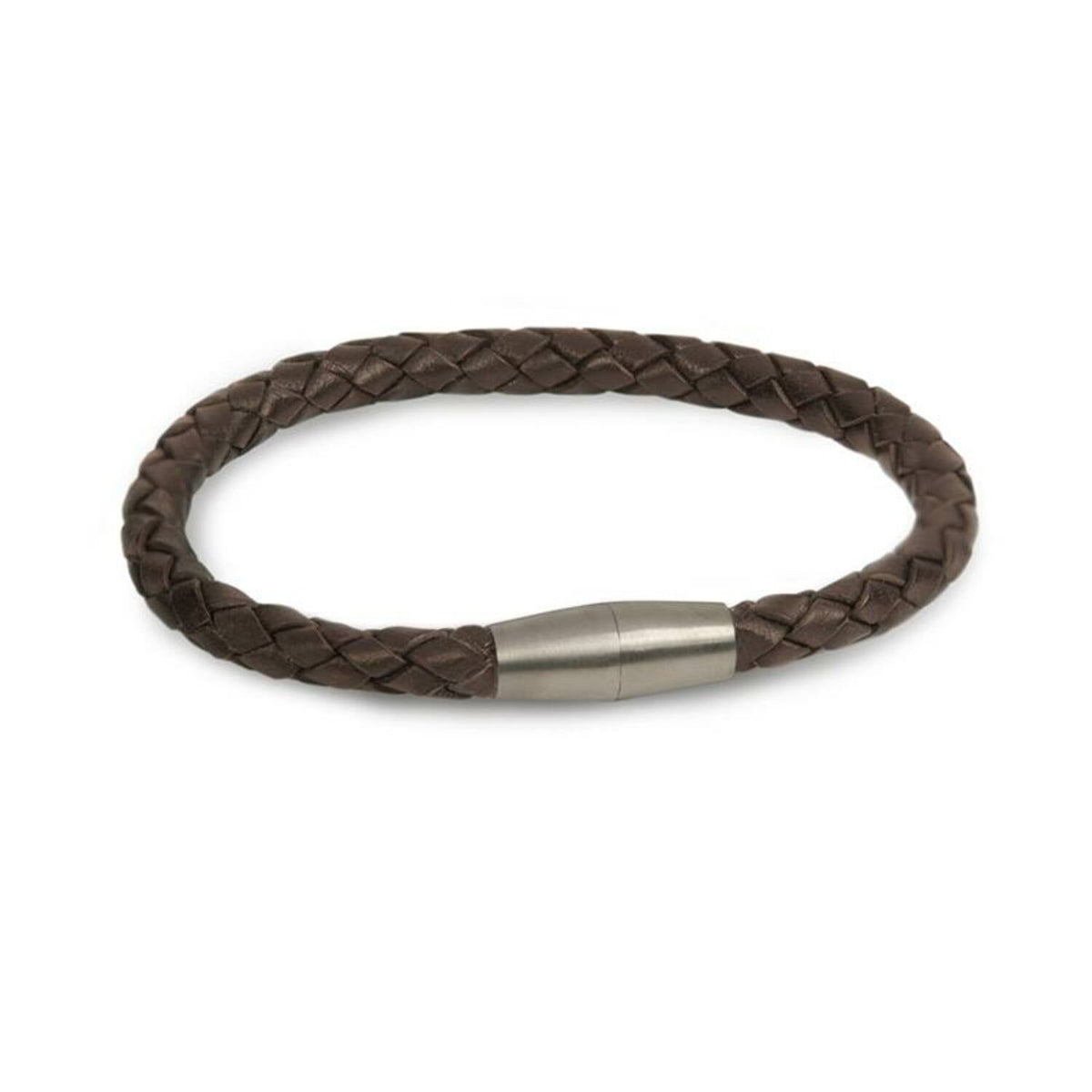 Bracciale in pelle intrecciata marrone con chiusura in titanio.