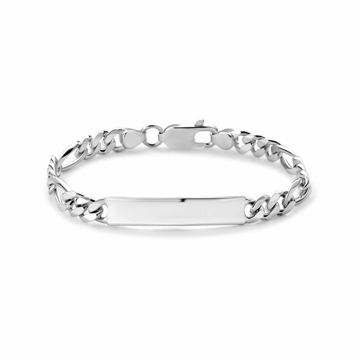 Bracciale figaro in argento bianco con piastra rettangolare per incisione.