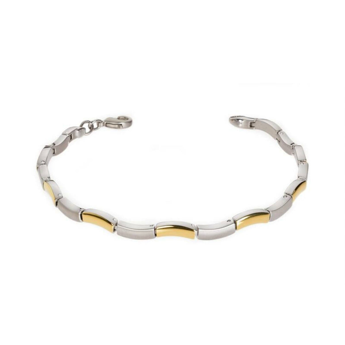 Bracciale in titanio bicolore con elementi argentati e dorati, design elegante e moderno.