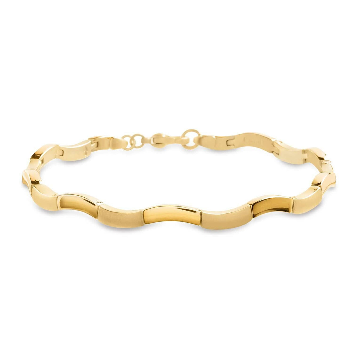 Bracciale in titanio placcato oro con maglie ovali lucide e chiusura a moschettone.