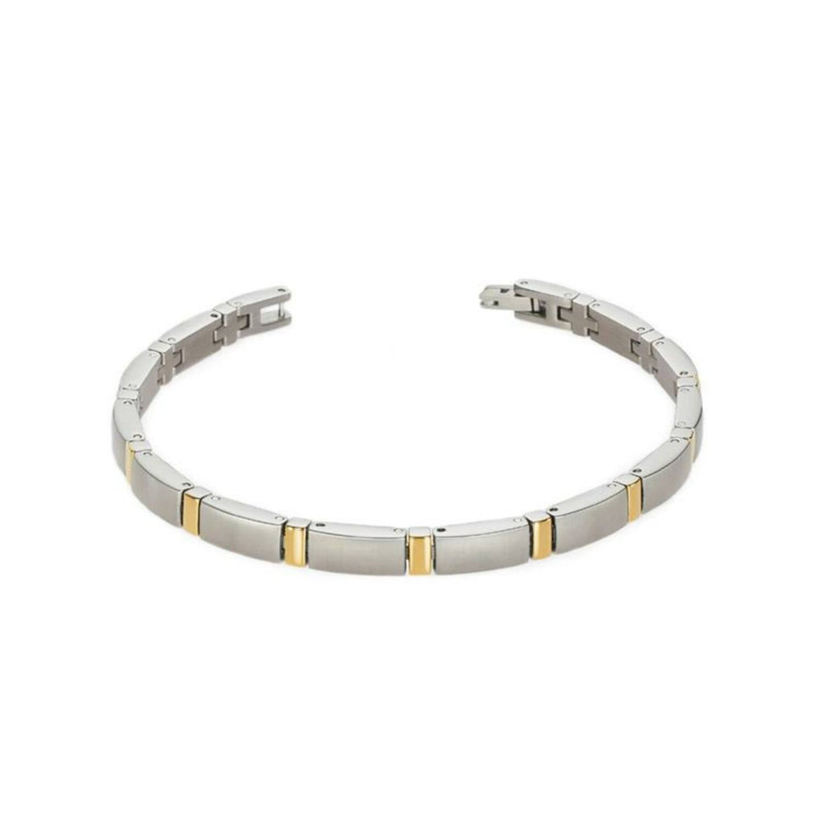 Bracciale in titanio bicolore con elementi argentati e dorati, design moderno e lineare.