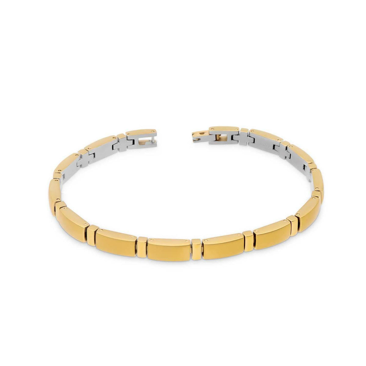 Bracciale in titanio con finitura dorata e dettagli argentati, design elegante e lineare.