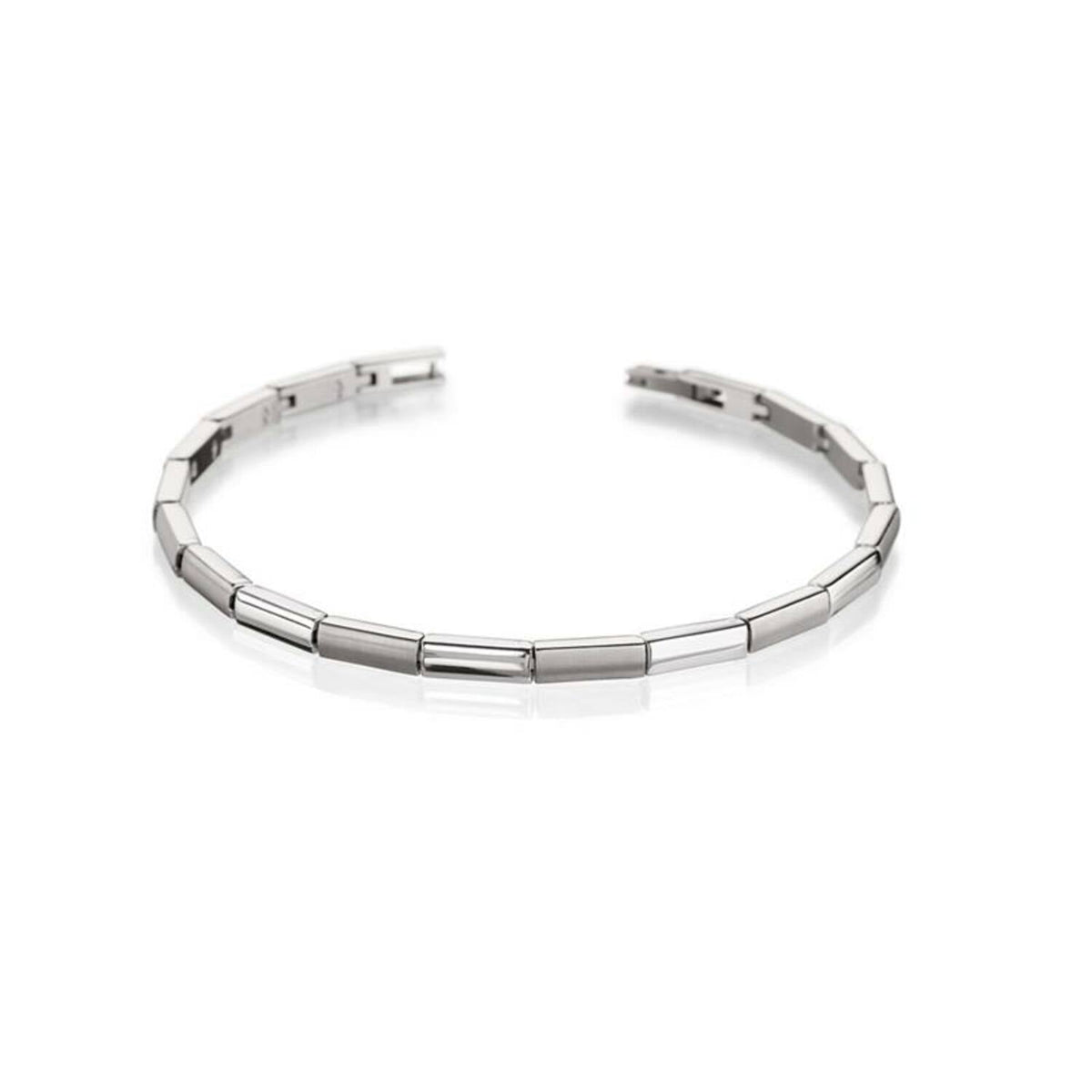 Bracciale in titanio argentato con elementi rettangolari e chiusura a scatto.