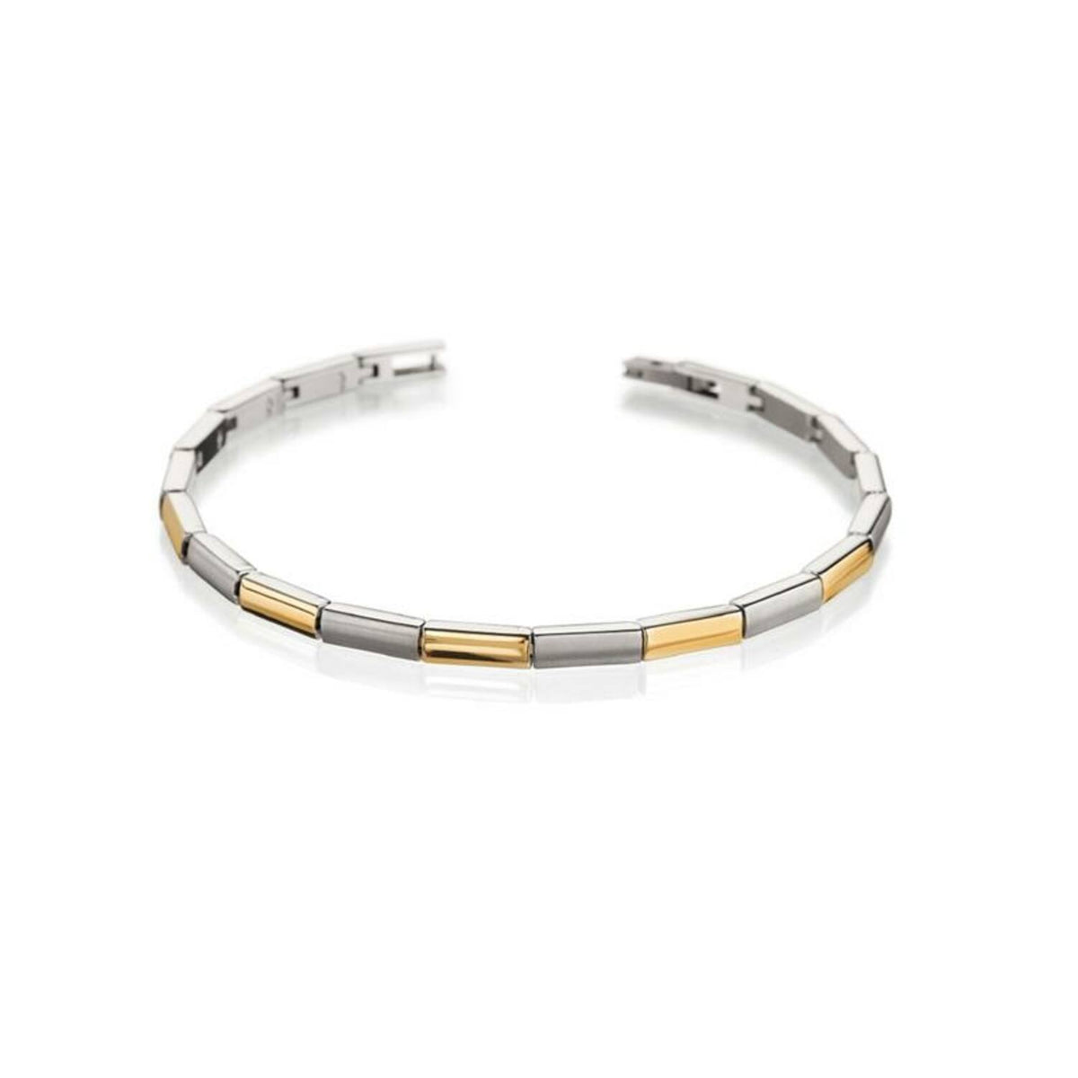 Bracciale in titanio bicolore con elementi argentati e dorati, design moderno e lineare.