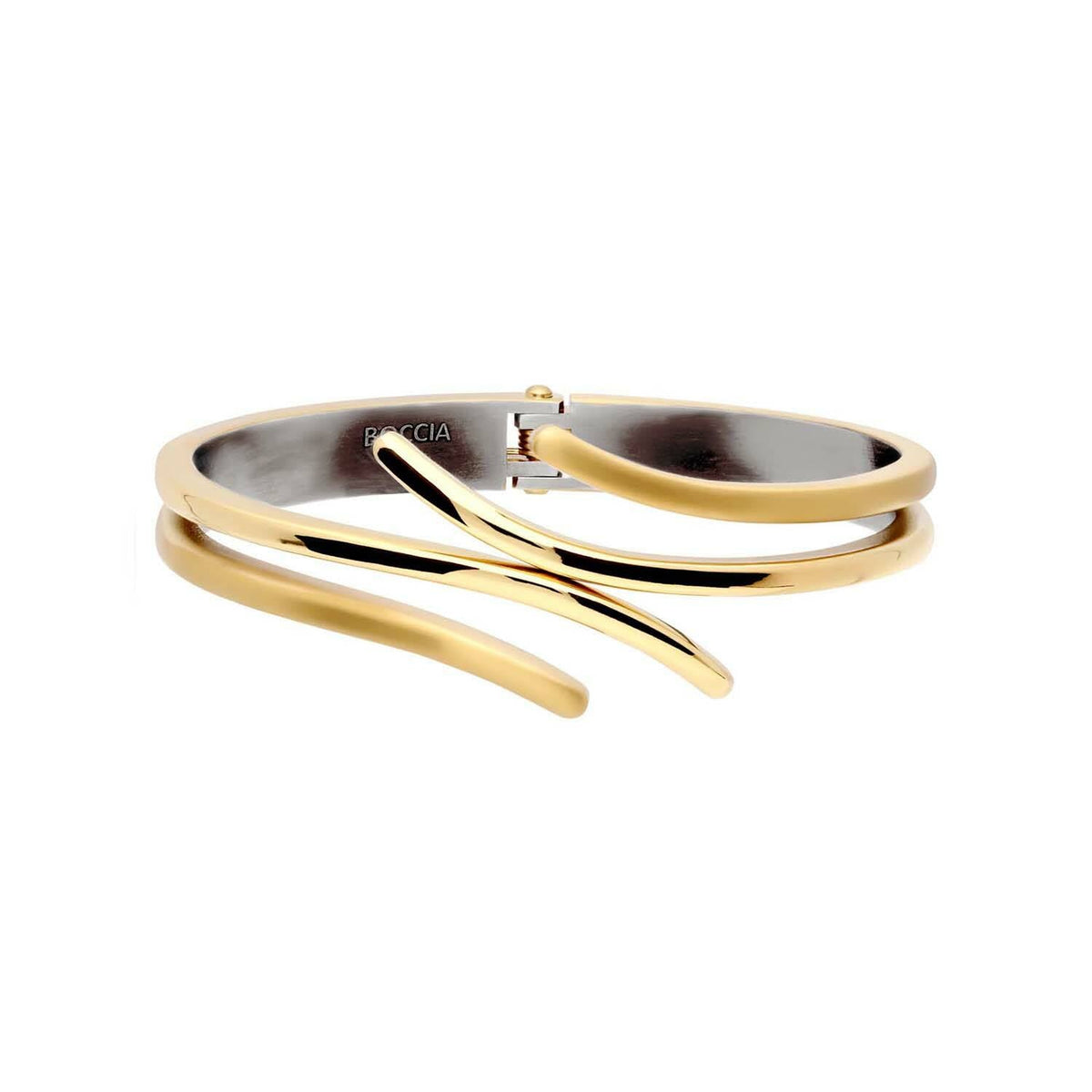 Bracciale in titanio con finitura dorata, caratterizzato da linee ondulate e chiusura elegante.