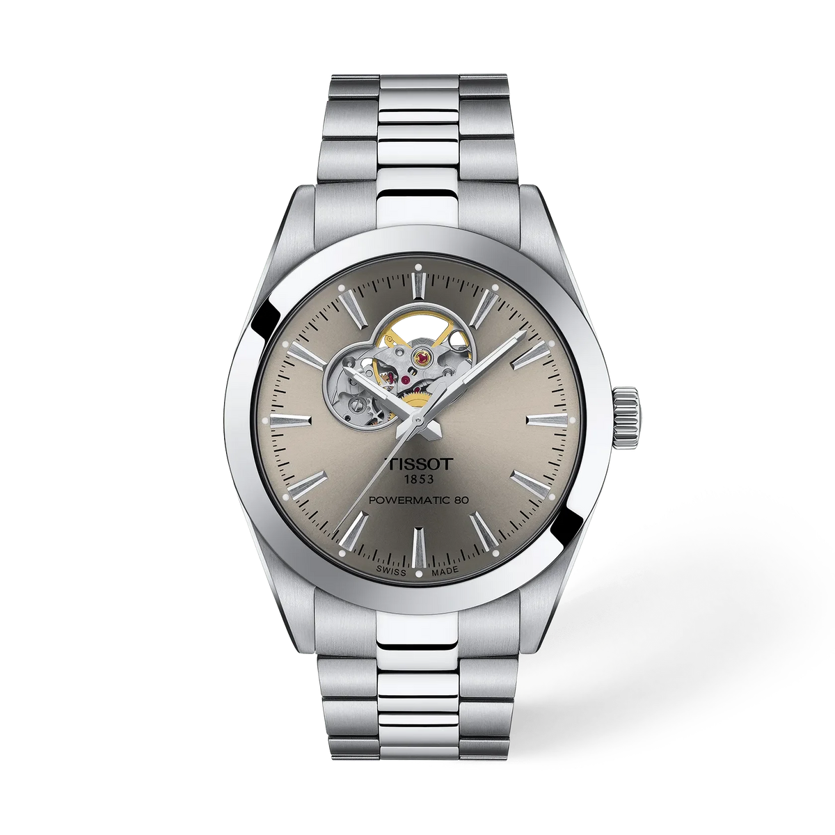 Orologio Tissot Gentleman Open Heart da 40 mm con cassa in acciaio inox e quadrante grigio.