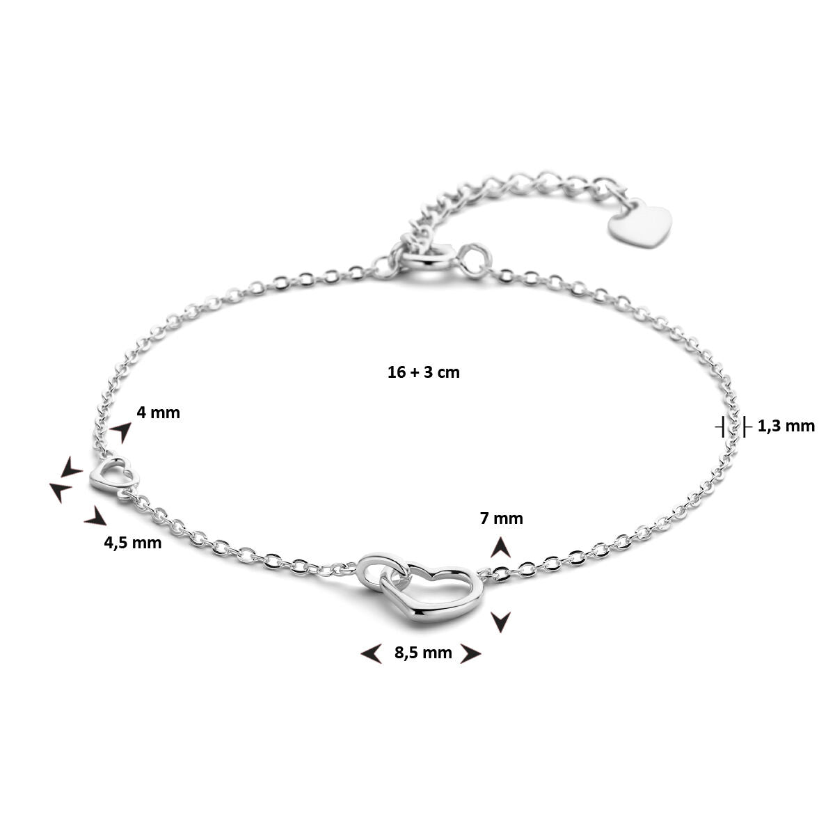 Bracciale cuoricini 16 + 3 cm argento rodiato