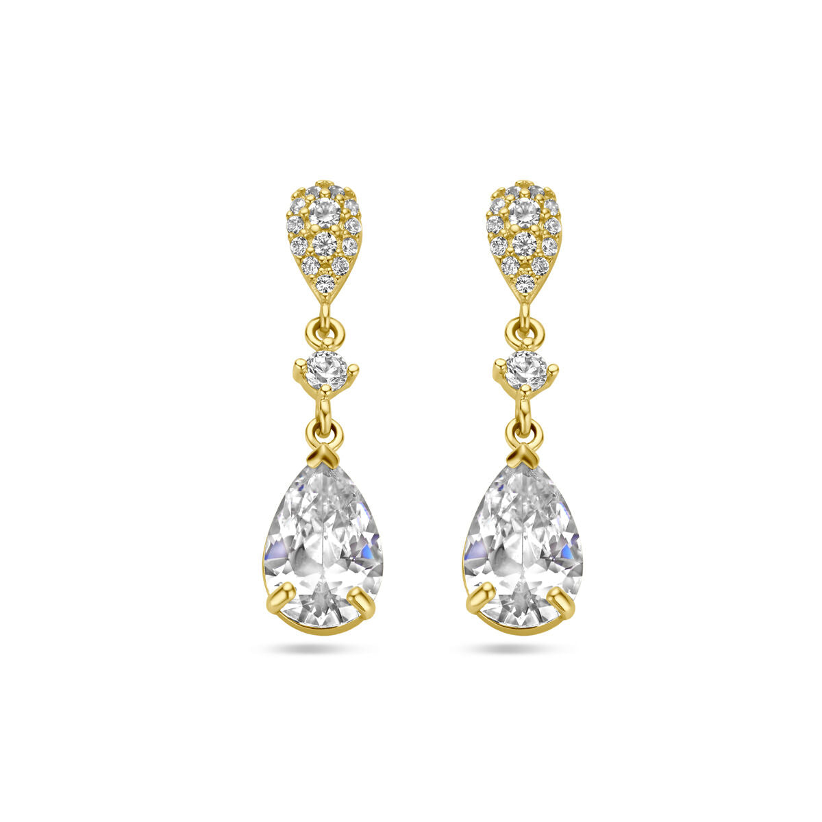 Orecchini in oro giallo 14K con zirconi, forma a goccia e dettagli brillanti.