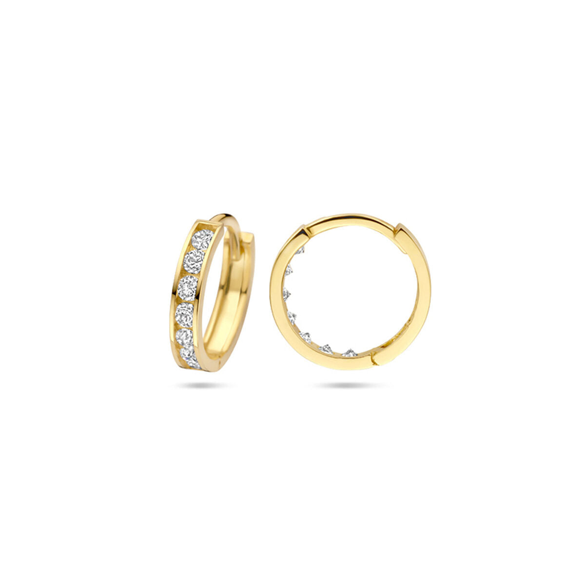 Orecchini a cerchio con chiusura a scatto in oro giallo 14k con fila di zirconi