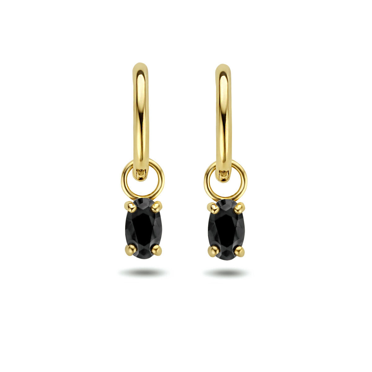 Orecchini alla creola in oro giallo 14K con zirconi neri ovali.