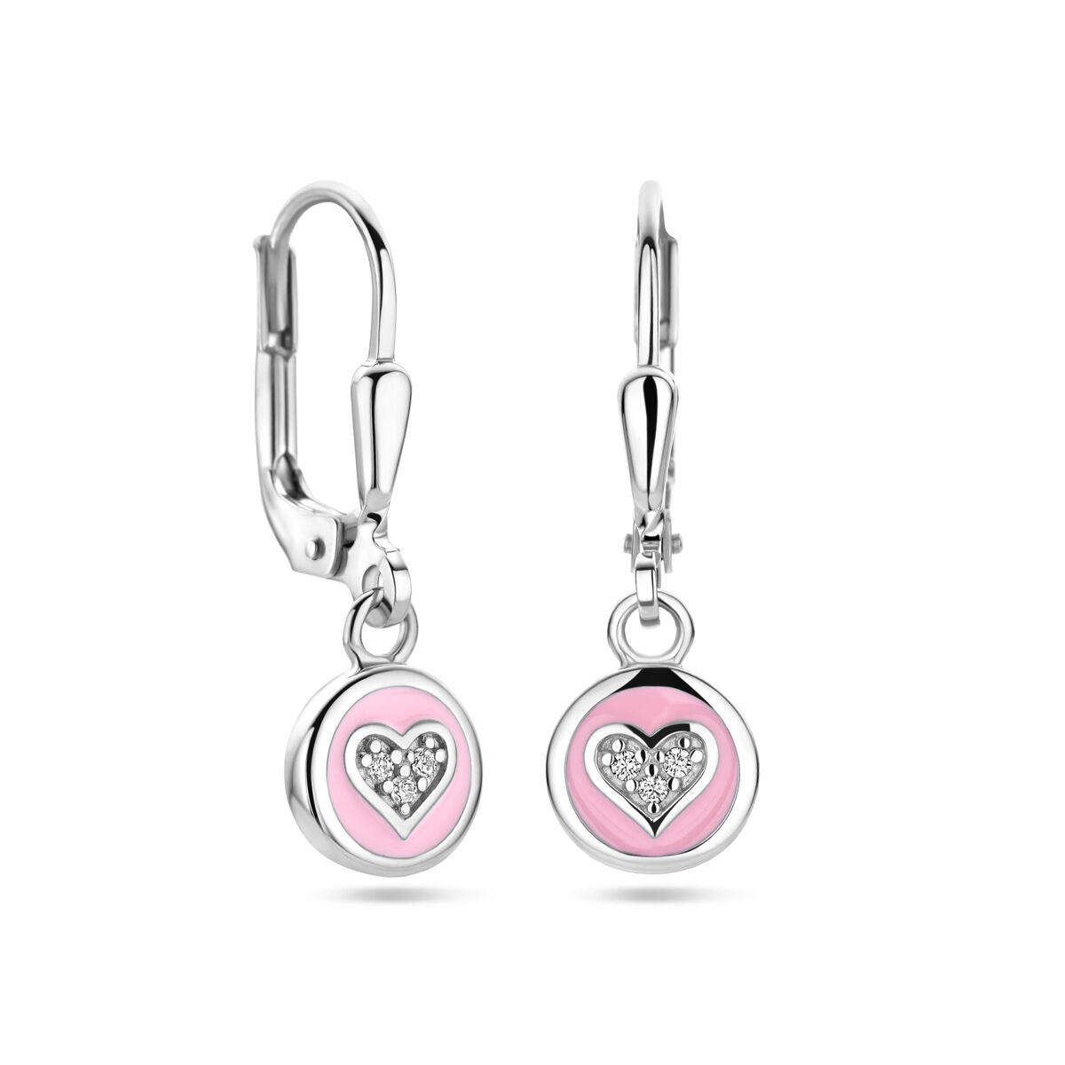 orecchini pendenti cuore zircone e smalto rosa gancio a brisura argento rodiato
