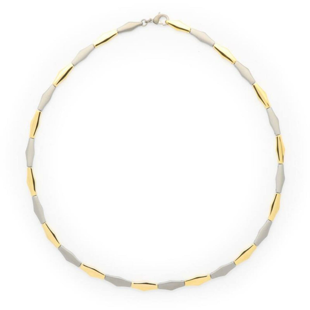 Collana bicolore in titanio con elementi alternati dorati e argentati.