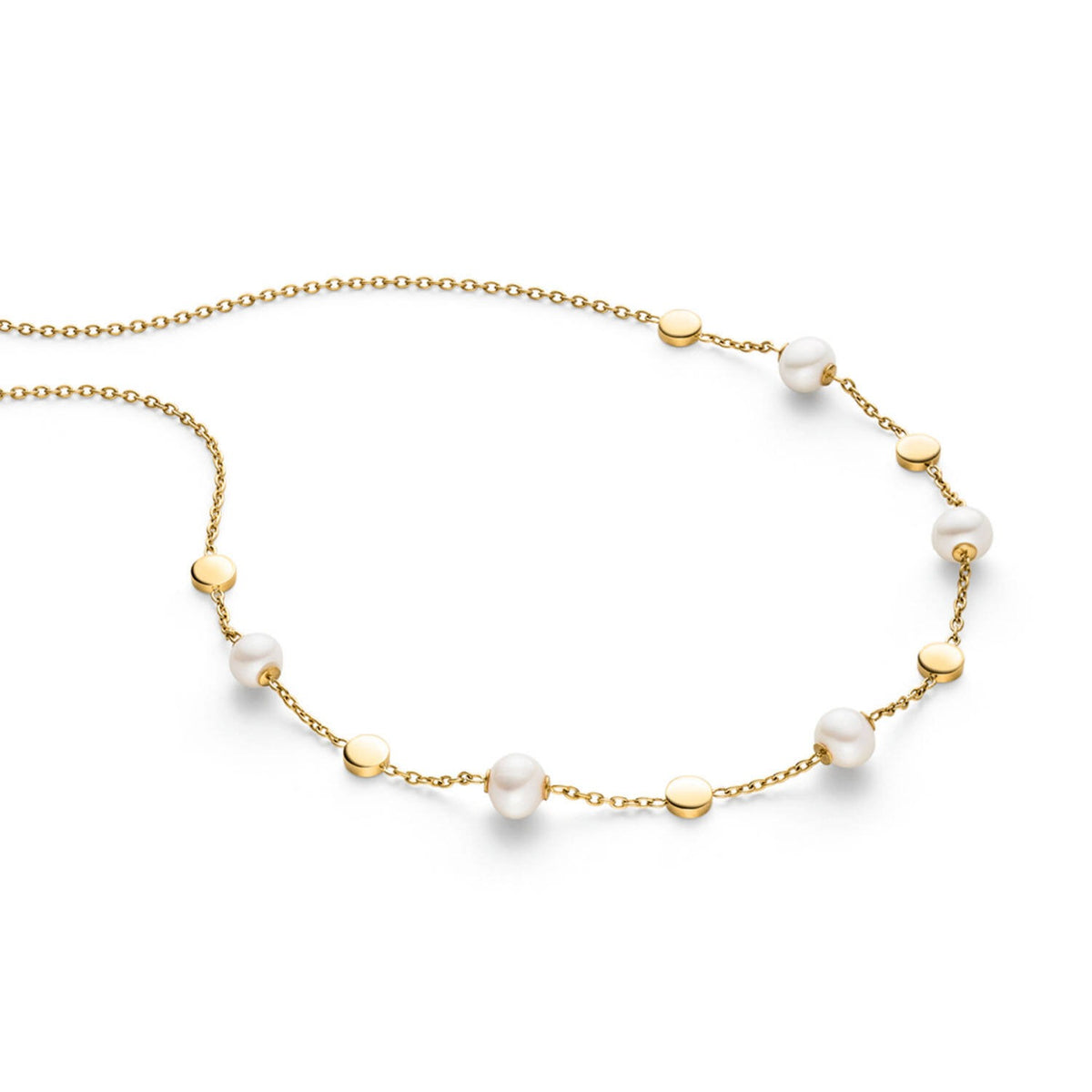 Collana in titanio con perle bianche e dettagli dorati, lunghezza 45 cm.