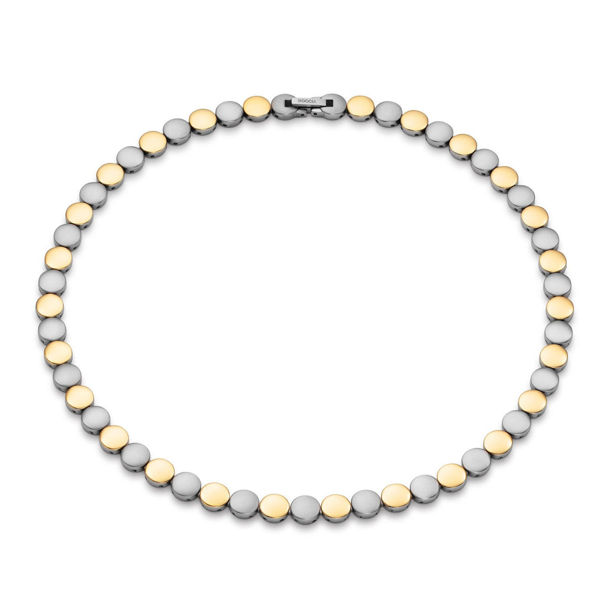Collana in titanio con maglie rotonde argentate e dorate, lunghezza 45 cm.