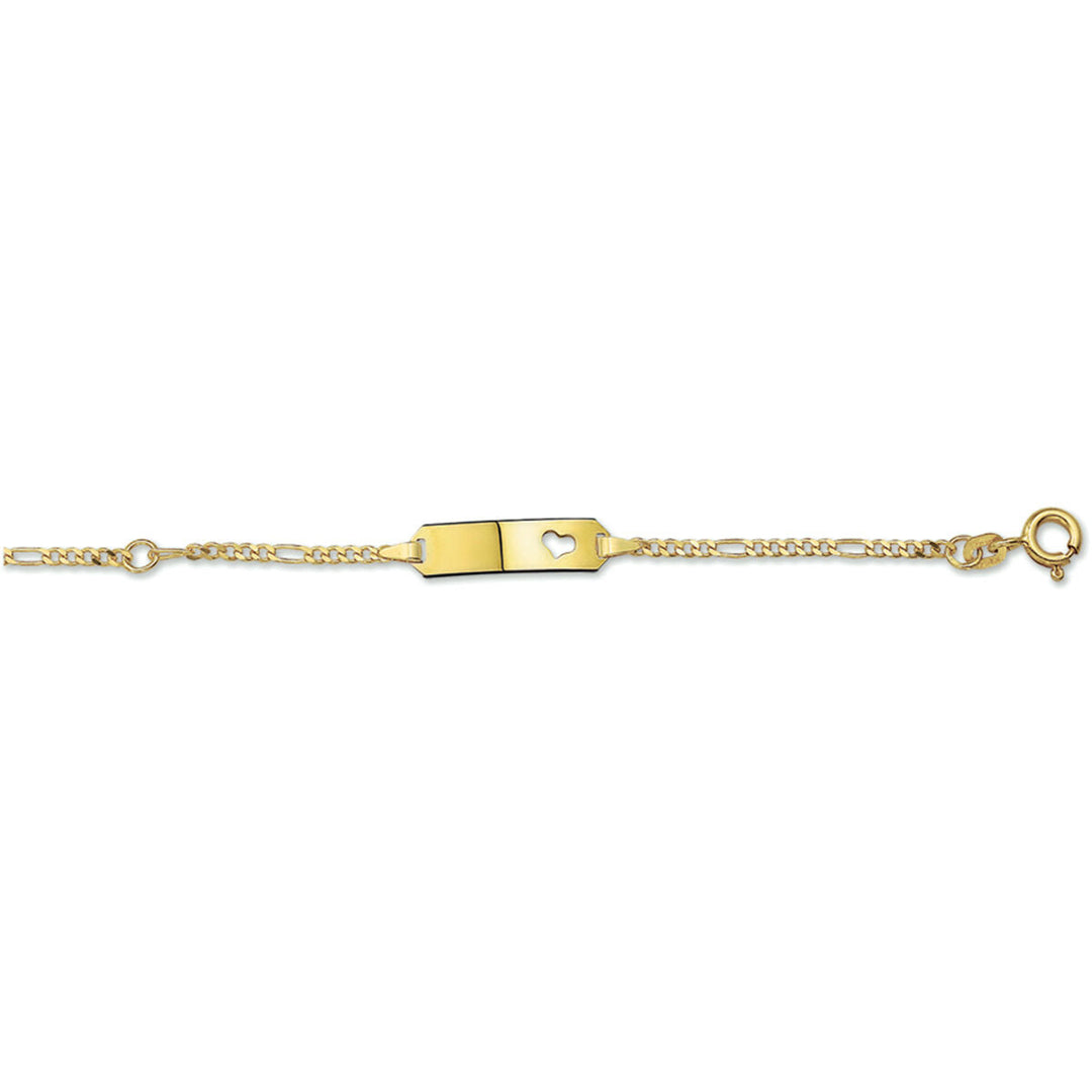 De Van der Kooij Collectie graveerarmband figaro hart plaat 5 mm, 9-11 cm in 14K geelgoud is voorzien van een centrale rechthoekige plaat met hartjesuitsnede, gedraaide en gladde schakels en een ronde sluiting.