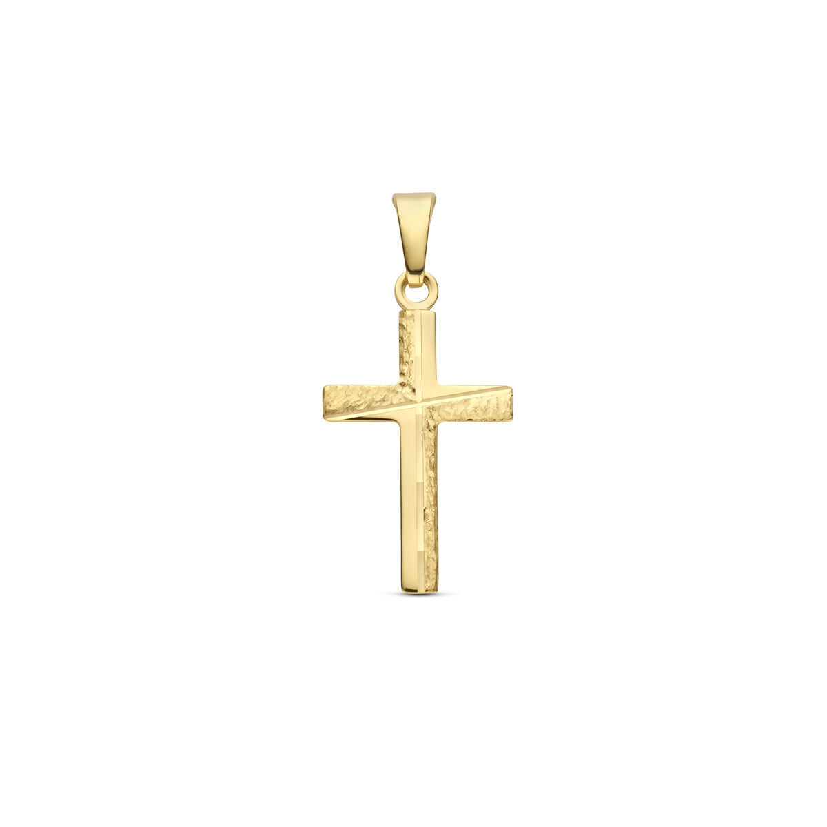 Ciondolo a forma di croce in oro giallo 14K con finitura martellata, dimensioni 18 mm.