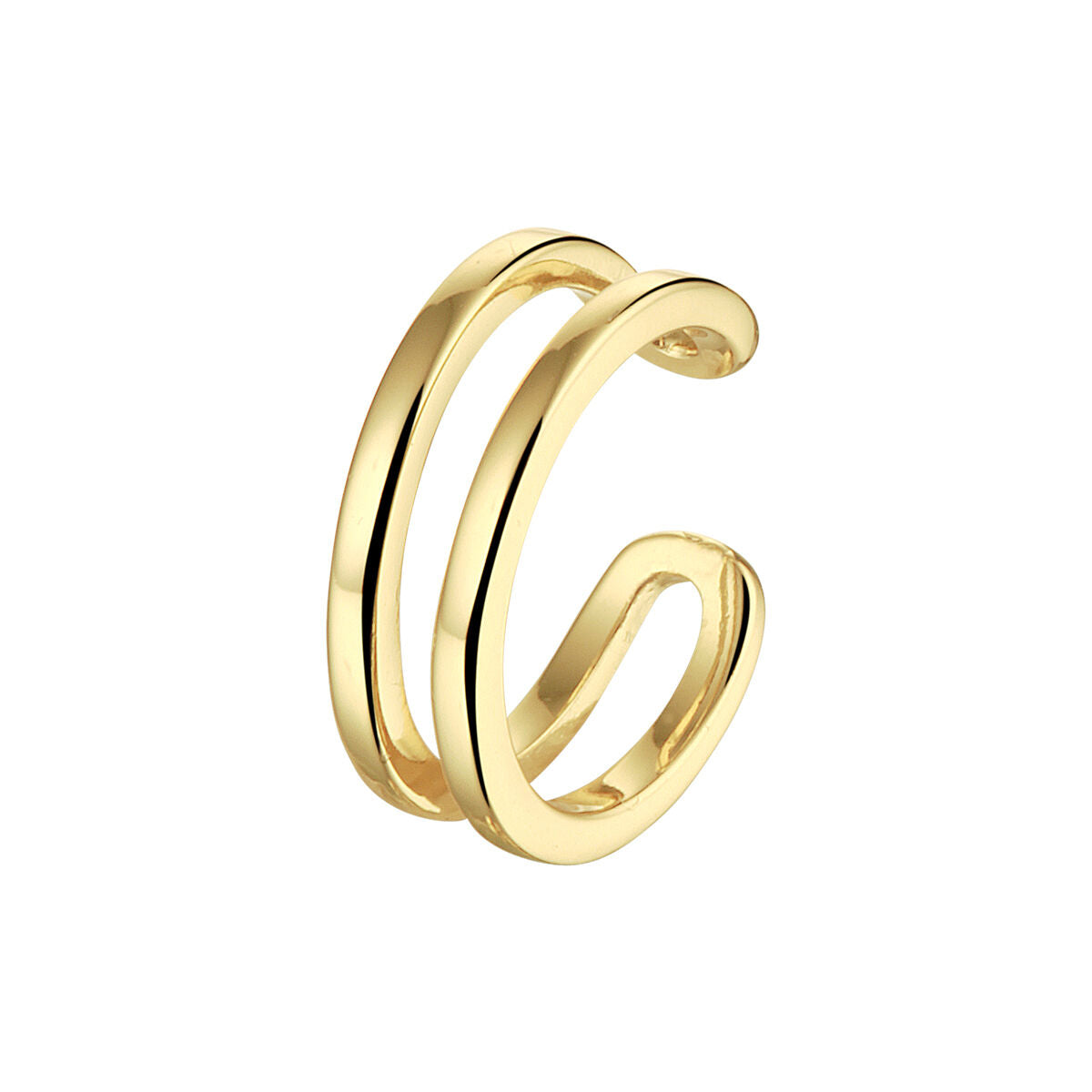 Gouden earcuff met twee strakke, gebogen banden van 1 micron zilver verguld.