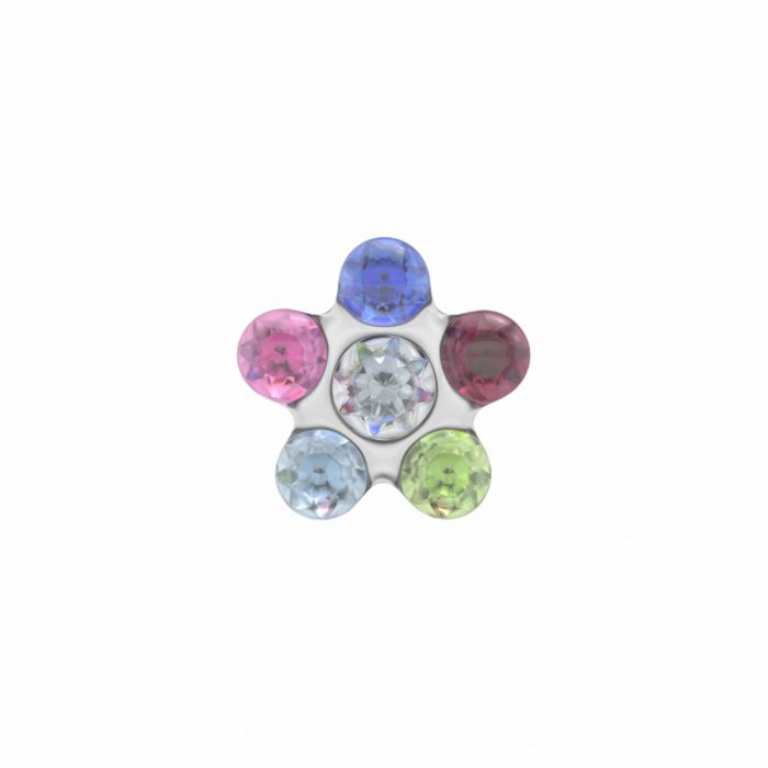 Orecchini pendenti a catena a forma di fiore in acciaio con pietre colorate.