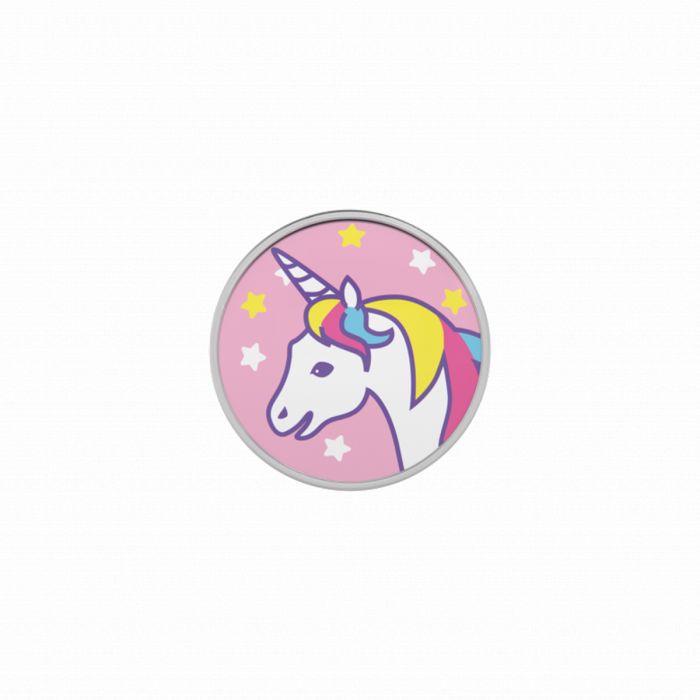 Orecchini in acciaio con design di un unicorno su sfondo rosa e stelle colorate.