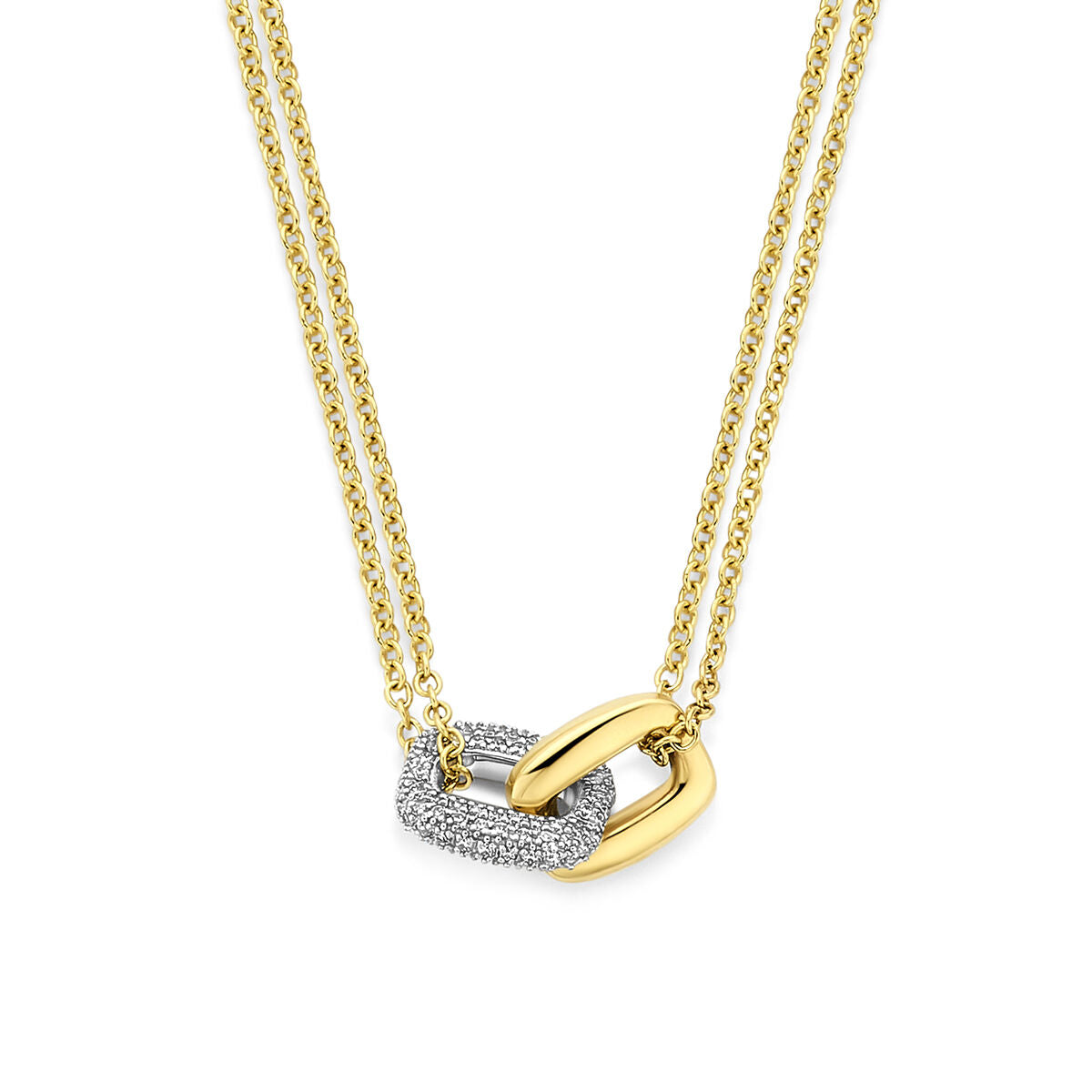 Collana bicolore in oro 14k con pendente diamantato, composta da due catene e un elemento decorativo.