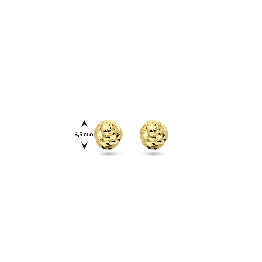 Een paar Van der Kooij Collectie oorknoppen bolletje gediamanteerd 14K geelgoud, rond en 3,5 mm doorsnede, gepresenteerd op een witte achtergrond.