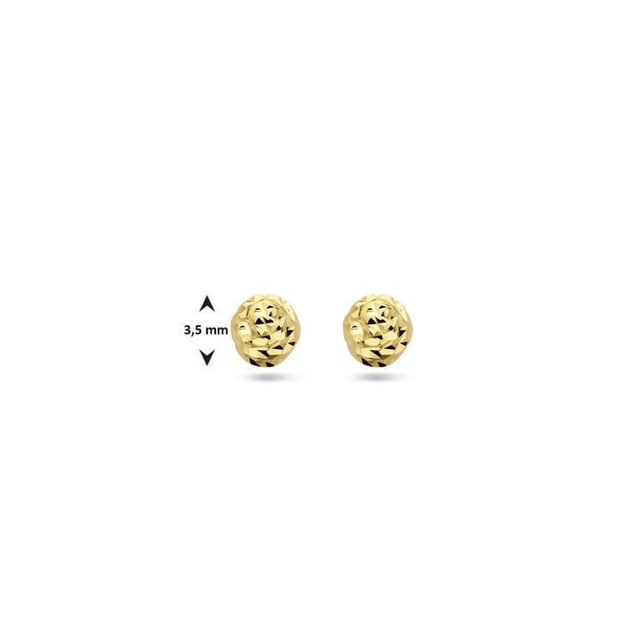 Een paar Van der Kooij Collectie oorknoppen bolletje gediamanteerd 14K geelgoud, rond en 3,5 mm doorsnede, gepresenteerd op een witte achtergrond.
