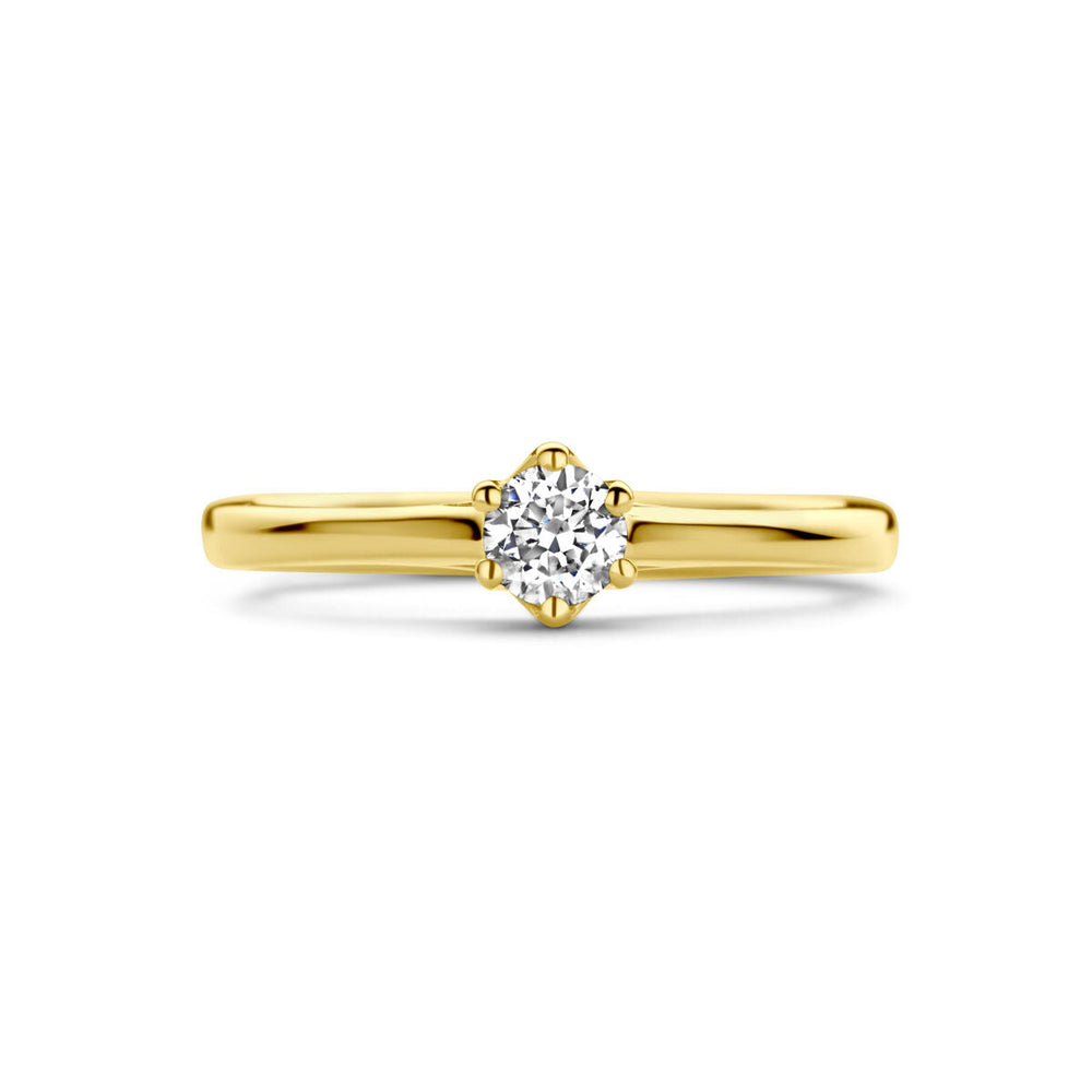 De Van der Kooij Collectie aanzoeksring diamant 0.20ct H SI in 14K geelgoud heeft een klassieke uitstraling en is perfect voor je trouwdag, afgebeeld tegen een witte achtergrond.