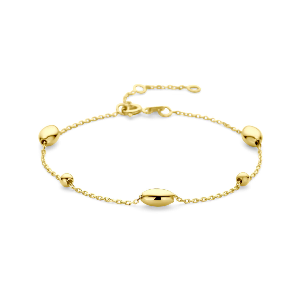 Bracciale in oro giallo 14K con ovali e pallini, lunghezza regolabile da 16 a 19 cm.