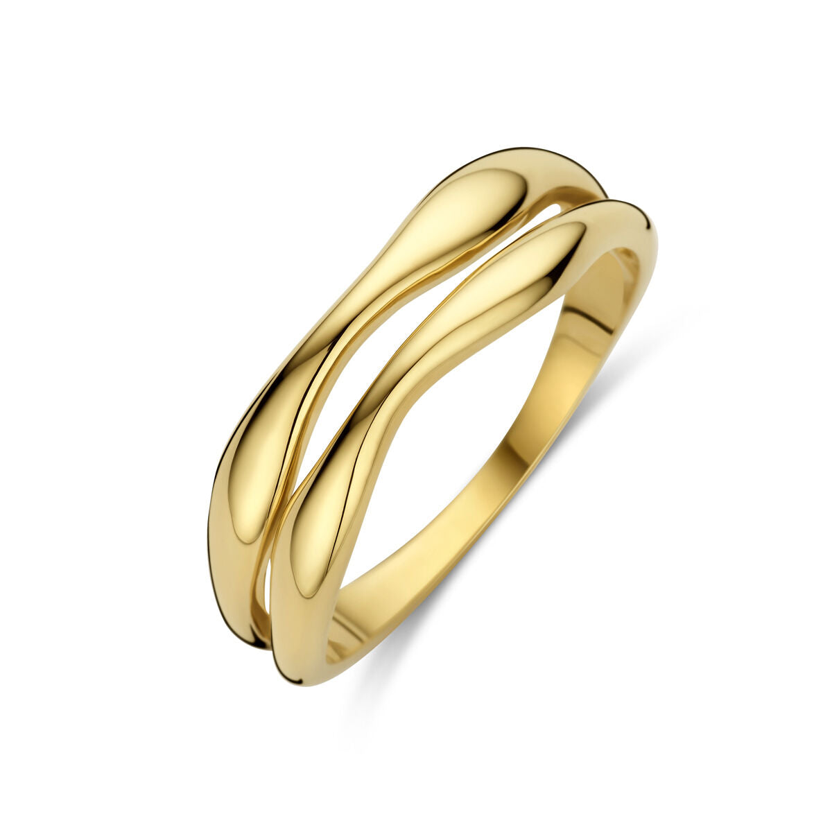 anello in oro giallo 14K con design intrecciato e finitura lucida.