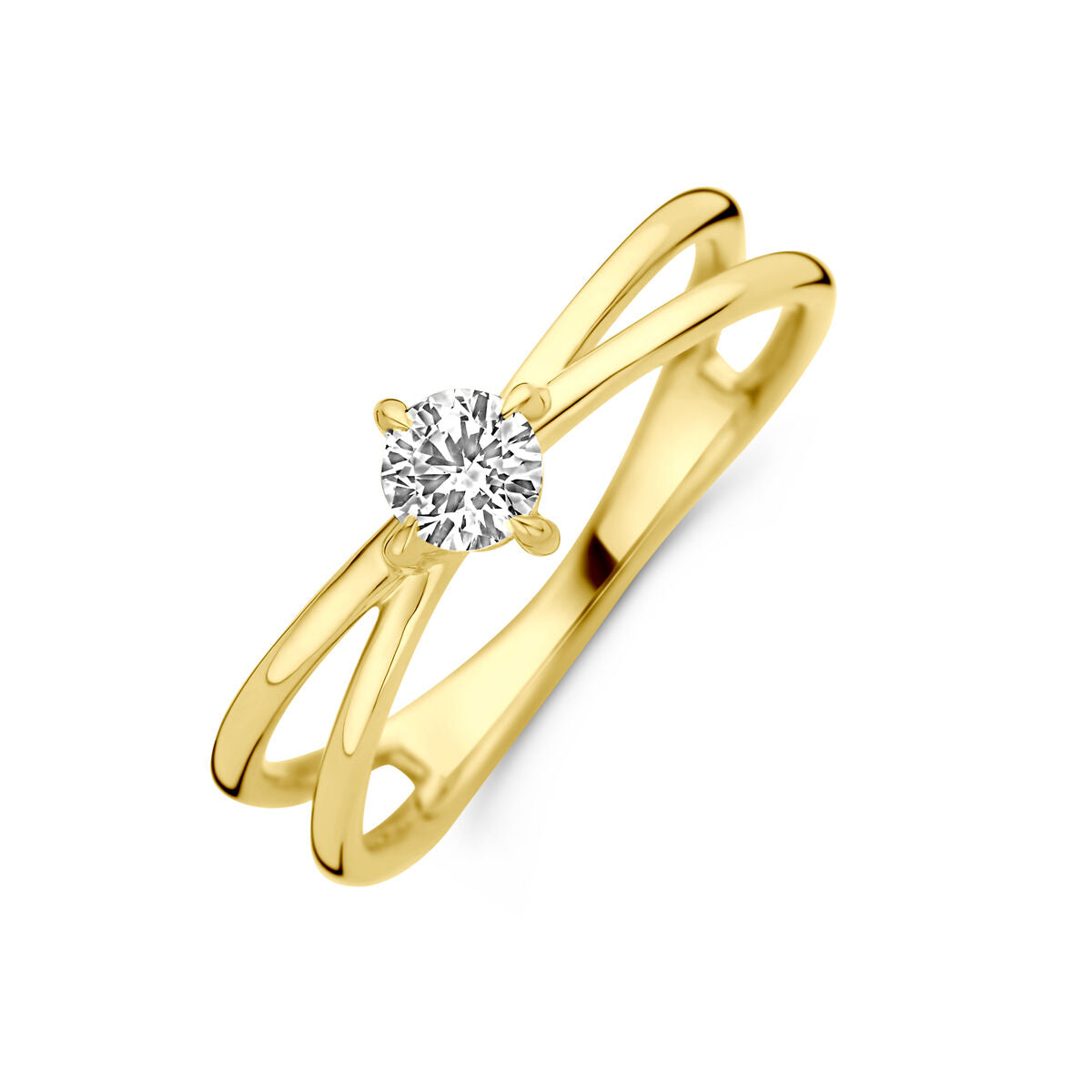 Anello in oro giallo 14K con diamante lab-grown da 0,25 ct, design intrecciato.