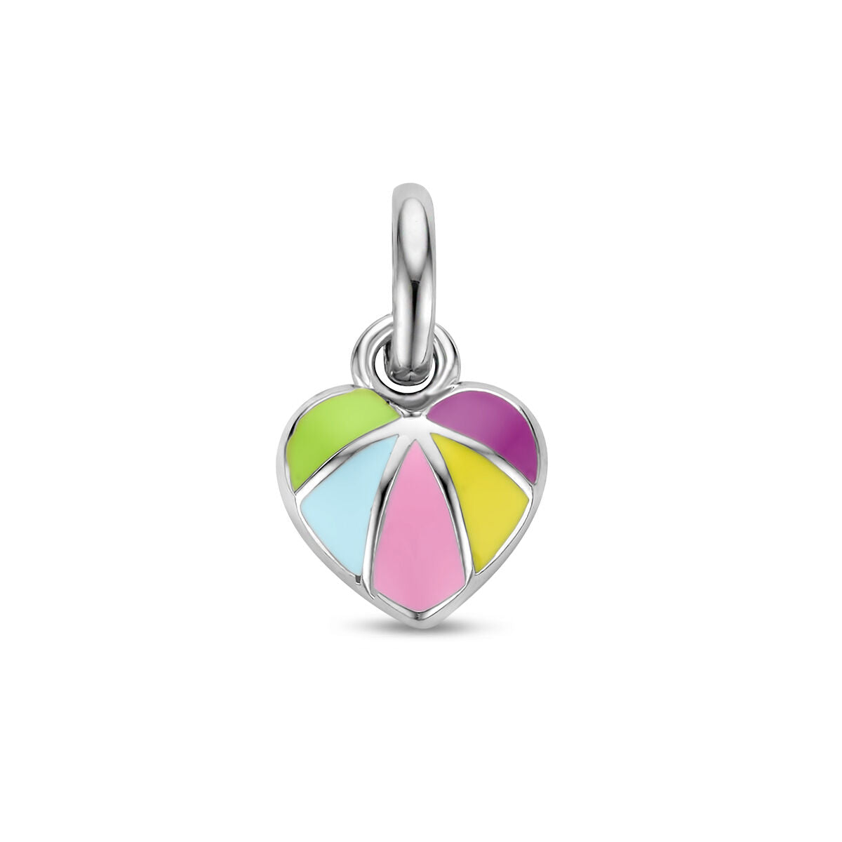 Ciondolo a forma di cuore in argento rodiato con smalti colorati.