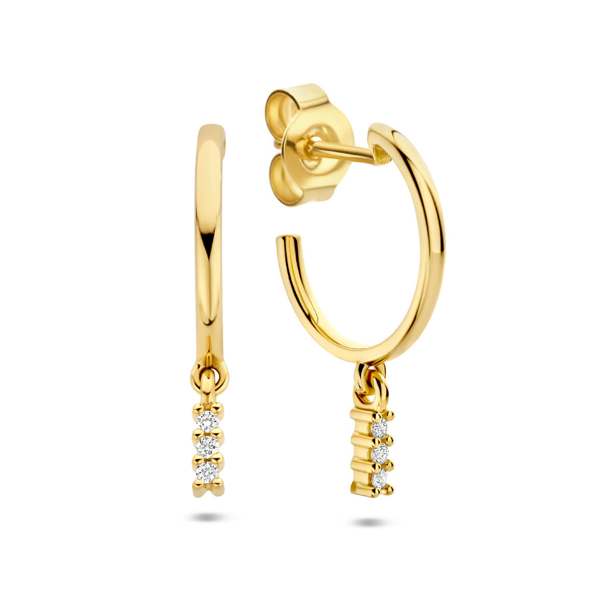 Orecchini alla creola in oro giallo 14K con diamanti da 0,05 ct, dettagli pendenti.